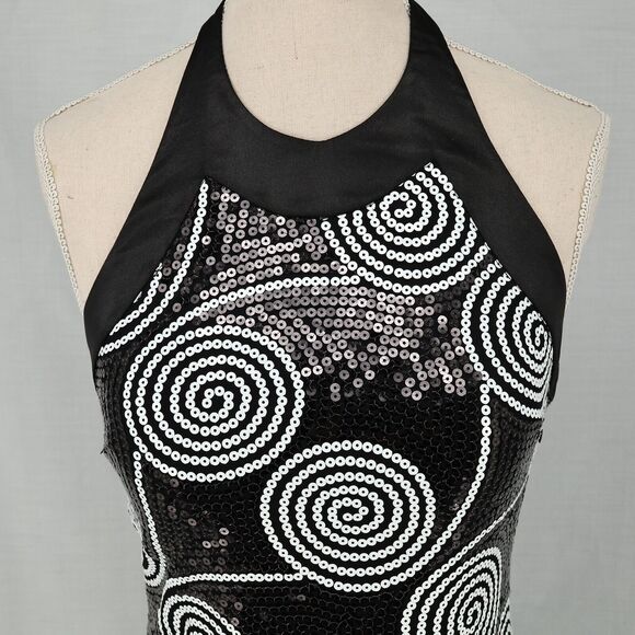 Cache Dress Womens 2 Black White Sequin Halter Fitted Short Ruched Hem Zip New - Picture 7 of 16